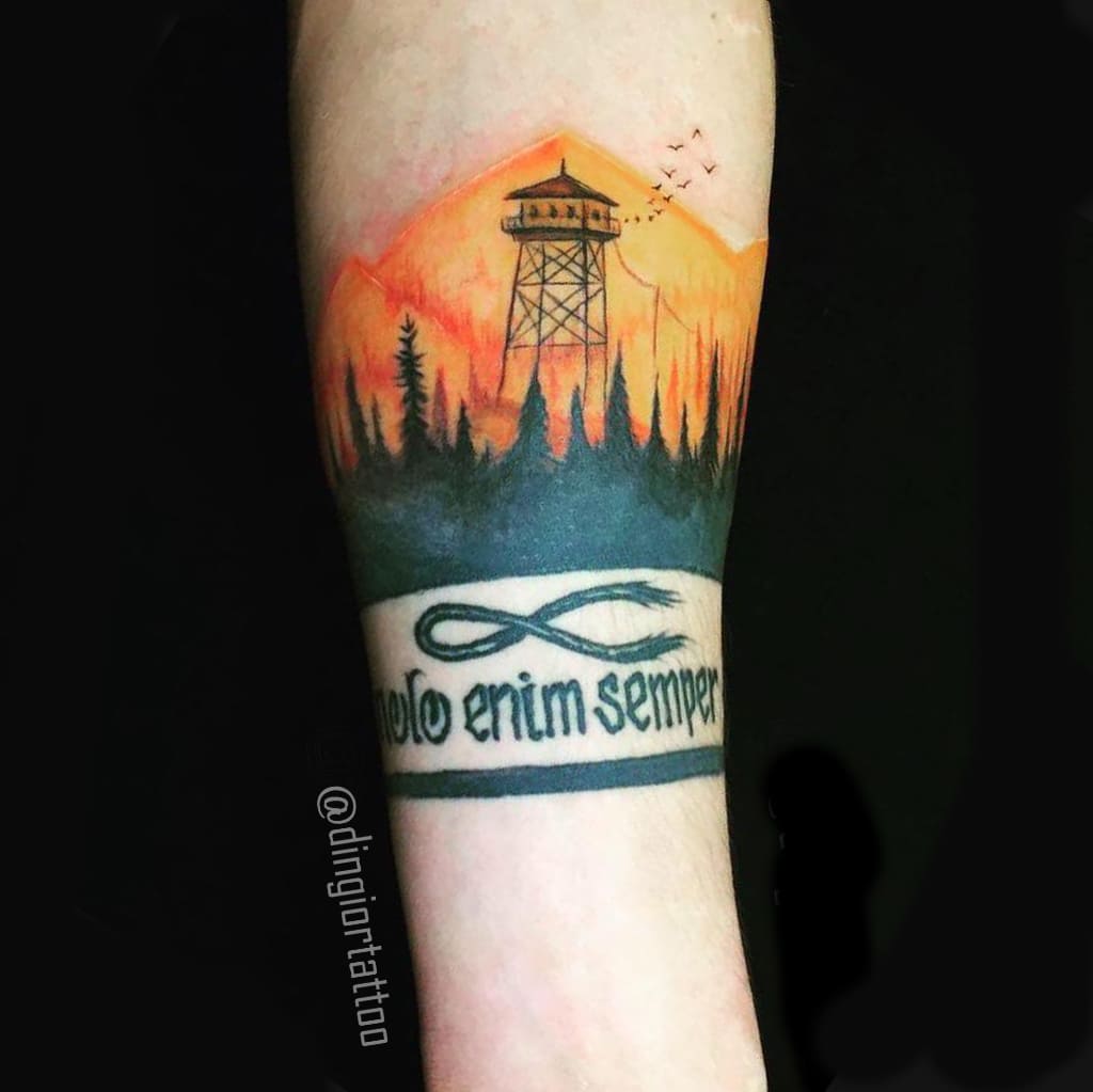 Color Tattoo Mountains and Tower