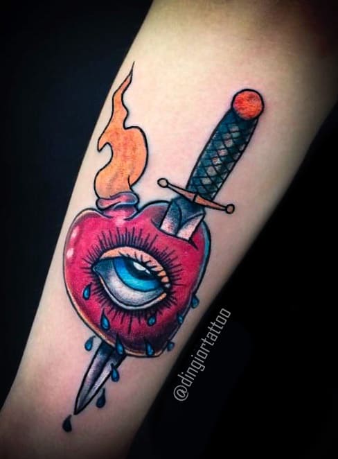 Heart and Eye Dagger Color Tattoo (Old School)